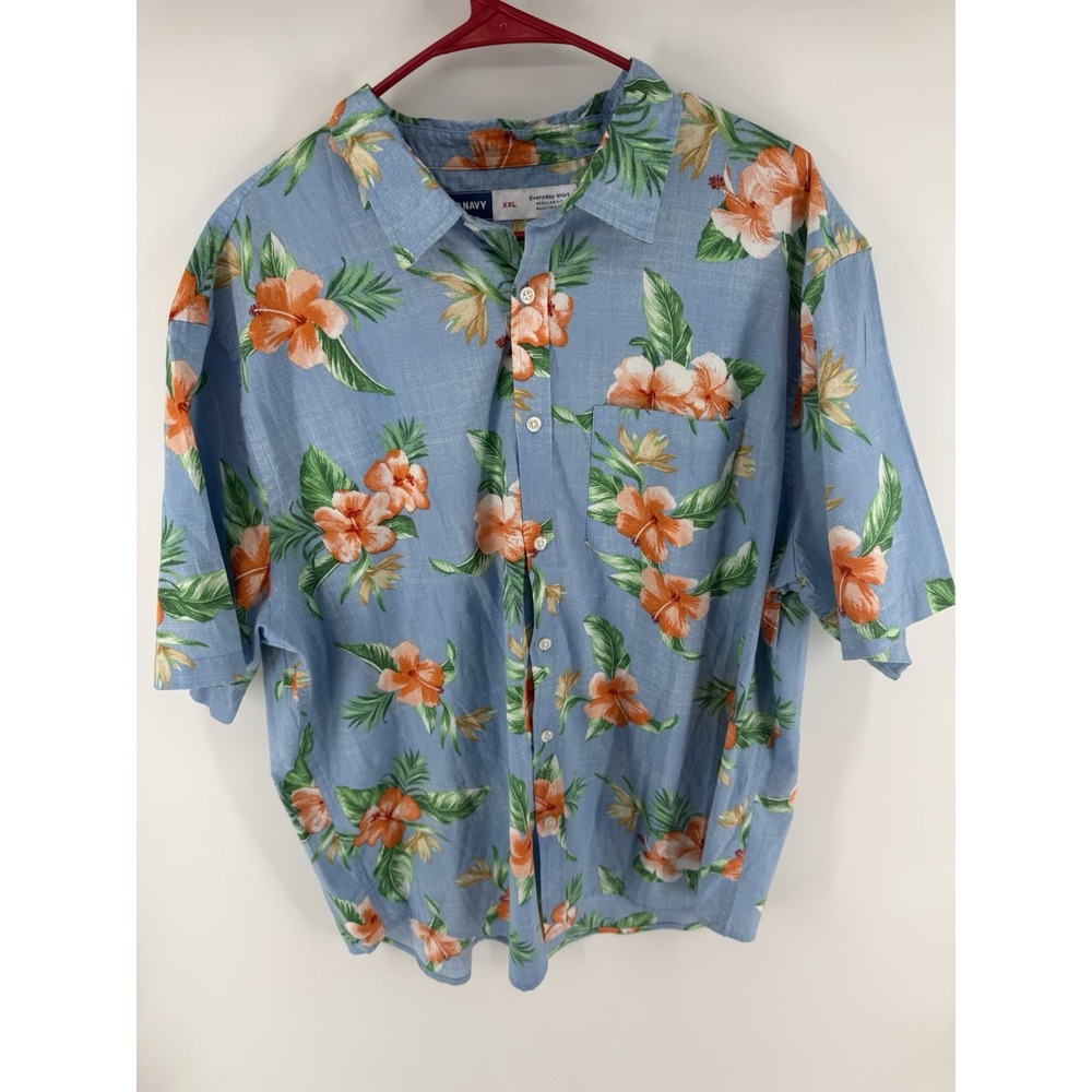 Old Navy Mens XXL Hawaiian Shirt Tropical Floral Hibiscus Blue Button Up